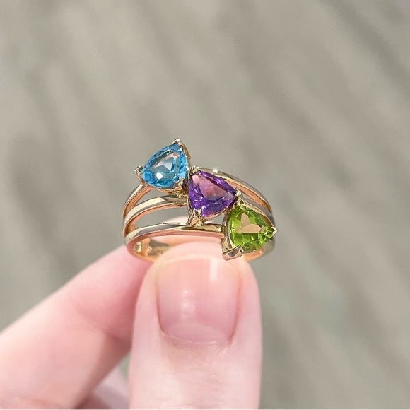 10K Rainbow amethyst Swiss blue topaz peridot trillion harem yellow gold CI ring - Picture 4 of 8